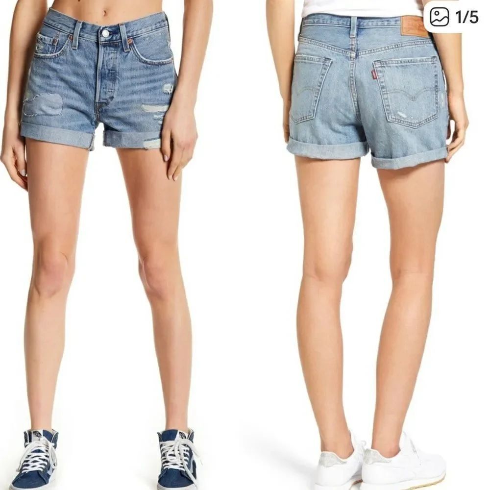 Levi's 501 Distressed Long Roll Cuff Shorts Button Fly Womens 27
